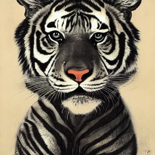 Image similar to portrait furry orange ears Mike tyson the champion disguised as a tiger wearing a black shirt norman rockwell robert rauschenberg greg rutkowski giorgio de chirico