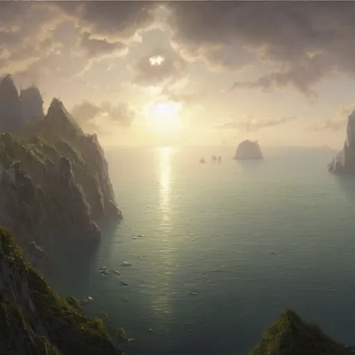 Prompt: A beautiful hyper realistic detailled matte painting of floating islands in the sky, aerial view, view from above, sea far away below, at dawn, by John Howe and Greg Rutkowski and Albert Bierstadt and Alena, unreal engine, trending on artstation, barometric projection, rectilinear, f8