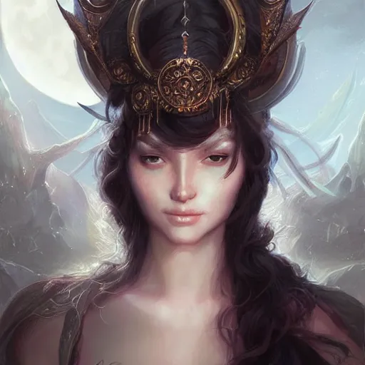 Image similar to Lunar Goddess, D&D, fantasy, portrait, highly detailed, digital painting, trending on artstation, concept art, sharp focus, illustration, art by artgerm and greg rutkowski and magali villeneuve