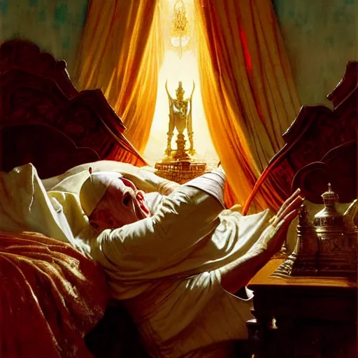 Image similar to the pope is in his bed, nervous and terrified, because a double horned shadow demon from hell lurks in the wallpaper of the bedroom. highly detailed painting by gaston bussiere, j. c. leyendecker, greg rutkowski, craig mullins 8 k