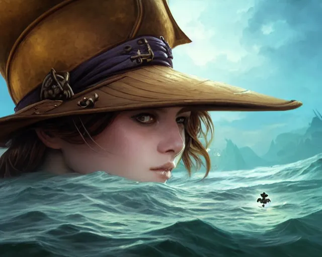 Prompt: pirate hat floating in the sea, low view shot, close up, deep focus, d & d, fantasy, intricate, elegant, highly detailed, digital painting, artstation, concept art, matte, sharp focus, illustration, hearthstone, art by artgerm and greg rutkowski and alphonse mucha