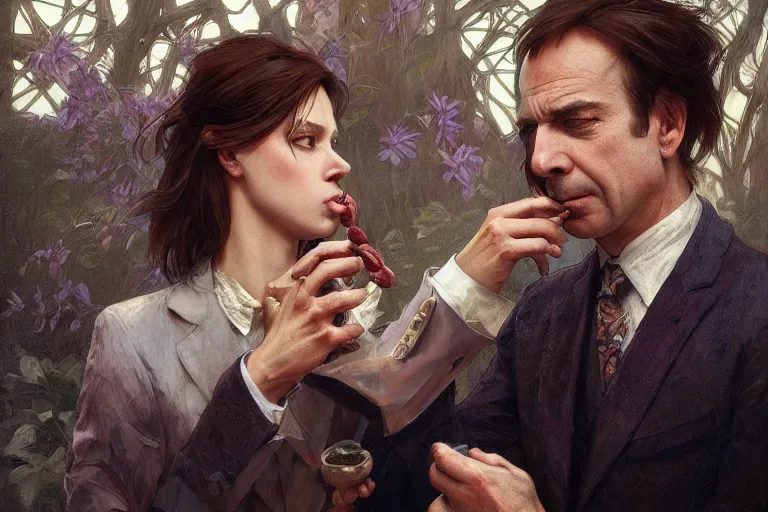 Prompt: photography of saul goodman eating, deep focus, intricate, elegant, highly detailed, digital painting, artstation, concept art, matte, sharp focus, illustration, art by artgerm and greg rutkowski and alphonse mucha