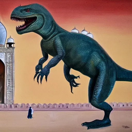 Prompt: an oil painting of t-rex walking around the Taj Mahal -n 6