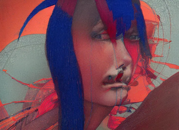 Image similar to visitors from the outer realms, muted blue and red tones, portrait face, in the style of peter ferguson, frantisek kupka, intricate, miles johnston, kuroda seiki, cynical realism, ozabu, john william godward, painterly, yoshitaka amano, moebius, miles johnston, louise zhang, james jean