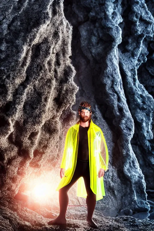 Image similar to an ultra high definition professional high fashion portrait studio full length photograph of a tarzan wearing a transparent pearlescent raincoat and neon visor in an icelandic black rock environment at dawn. no artefacts. extremely detailed. stark. refraction. shallow depth of field. volumetric light and shadow. ray tracing. light rays.