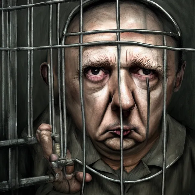 Image similar to prison cell behind bars of jail gediminas pranckevicius | close up portrait of a the trump behind jail bars in the sinister valley of despair, one mouth, one nose, two eyes, oil painting by tomasz jedruszek, cinematic lighting, pen and ink, intricate line, hd, 4 k, million of likes, trending on artstation