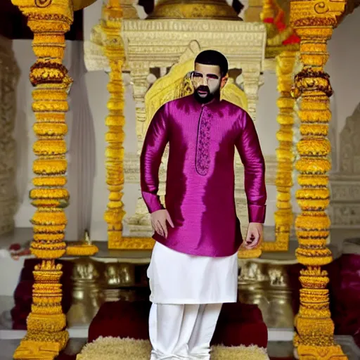 Prompt: drake the rapper wearing a silk kurta, hindu kovil scene