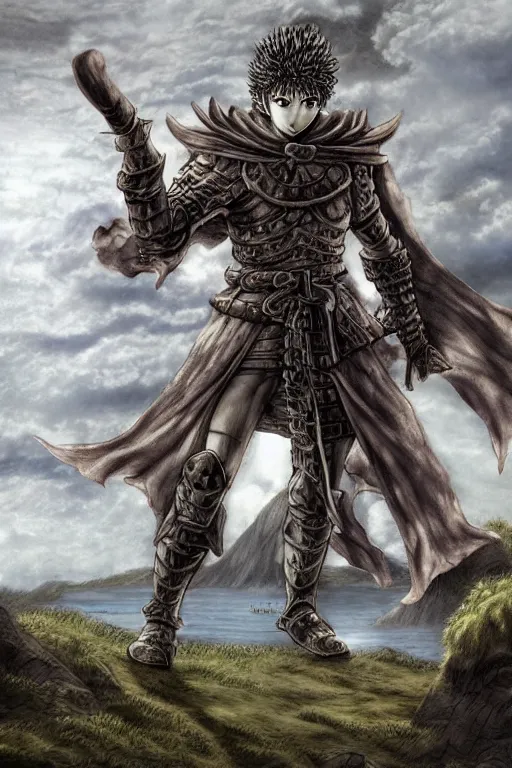 Image similar to Tonemapped warrior with lowered sword in the style of Kentaro Miura, with a landscape in the style of Wanderer above the Sea of Fog