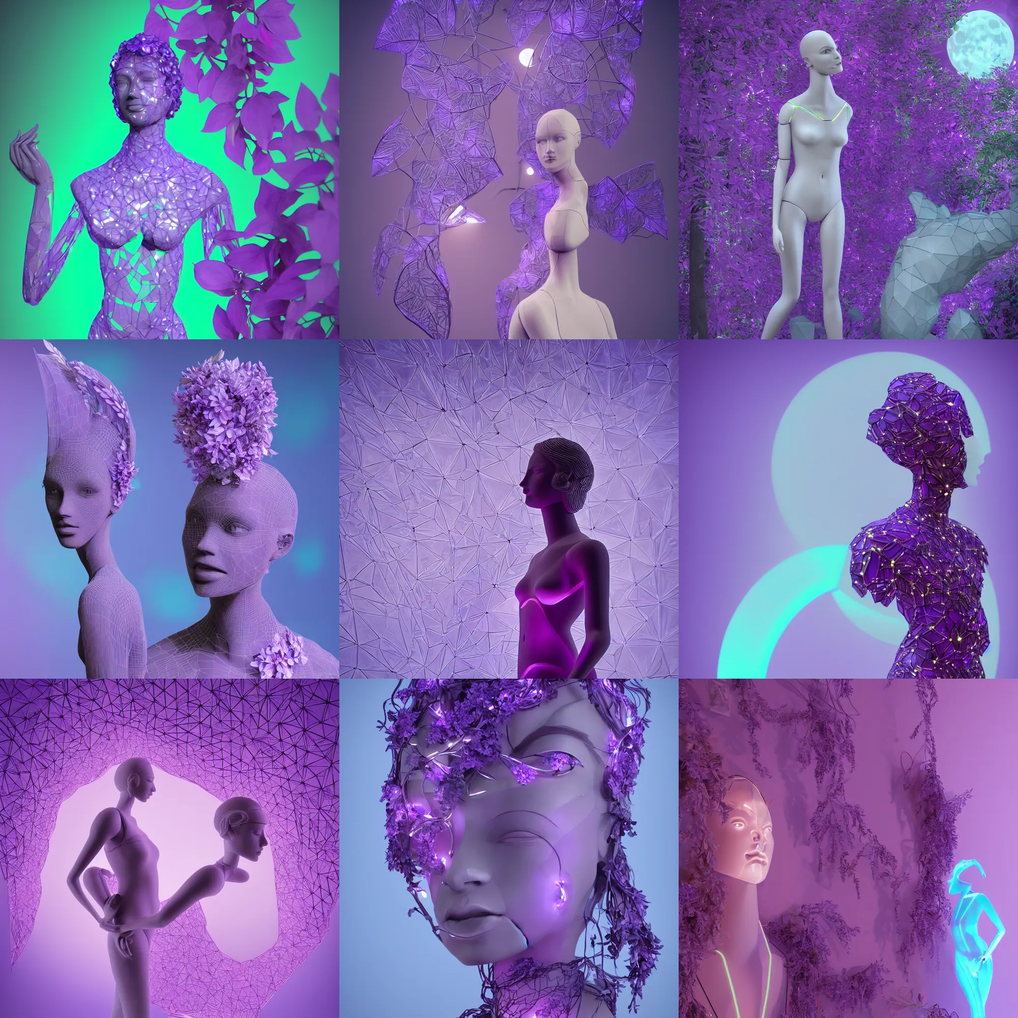 Image similar to beautiful mannequin sculpted out of amethyst by billelis + lit with 3 d geometric neon + facing a doorway opening with neon pink geometric fractal light + flowering hosta plants!!!, moon in background!, rule of thirds, clean linework, dramatic, award winning, 4 k, trending on artstation, photorealistic, volumetric lighting, octane render