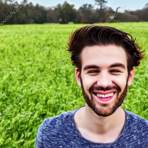 Prompt: young guy standing on a field, smiling into the camera.