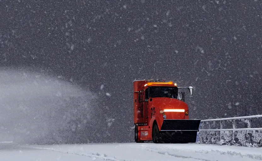 Image similar to A Snowplow with headlines on driving through a snowy landscape with thick snow, blizzard!!, heavy snow falling, digital artwork, high resolution, high detail