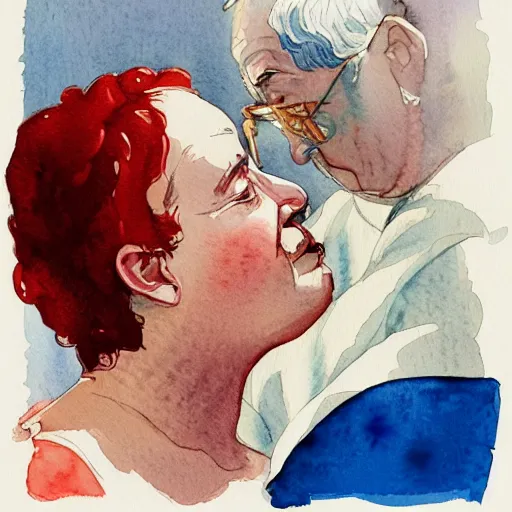 Image similar to a very funny comic style watercolor painting of a sweet fat old woman kissing her reflection. symmetrical face, red mouth, blue eyes. a flowered dress. a hyper - realistic scene. 3 d, octane processing, deep focus, white scene. a very funny and sweet picture. unreal engine. watercolor. fellini cinematic style. poster quality. freud painting style.