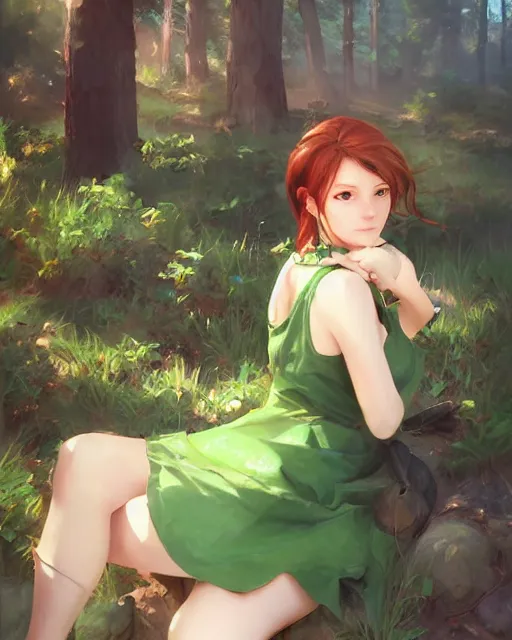 Image similar to elegant claire redfield in a green cottagecore dress, portrait, illustration, rim light, top light, summer clear blue sky, perfectly shaded, soft painting, art by krenz cushart and wenjun lin