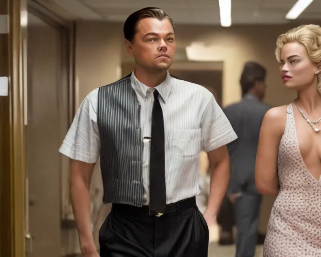 Image similar to leonardo dicaprio as the wolf of wall street next to margot robbie as naomi from the wolf of wall street, hyper realistic faces, cinematic, long shot, hyper detailed, 8 5 mm photograph, 8 k resolution, film still, sharp lens, wide lens