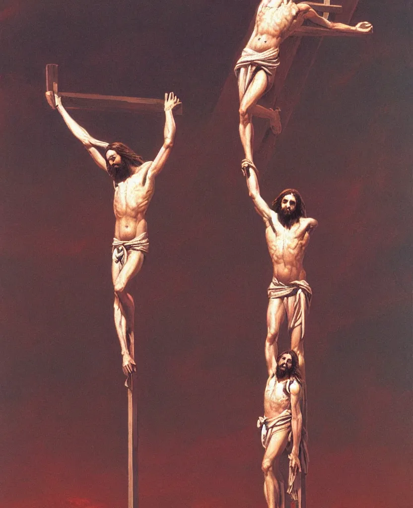 Image similar to painting of Jesus Christ on the Cross, in the style of Wayne Barlowe,