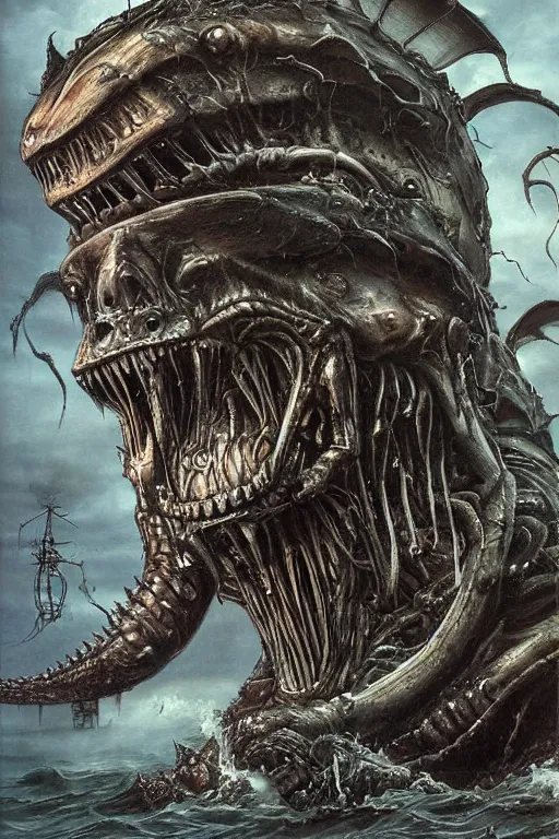 Image similar to a scary sea monster with the face of elon musk, photorealistic, cinematic lighting, highly detailed, very intricate, by hr giger