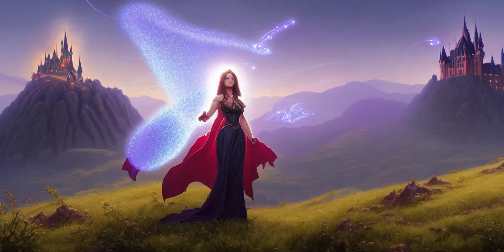 Prompt: a photo of a fantasy female wizard surrounded by magical particles stands on a hill. in the background on another hill stands a castle with mountains in the background, filled with magic, highly detailed, digital painting, artstation, smooth, sharp focus, illustration, art by artgerm and greg rutkowski and alphonse mucha