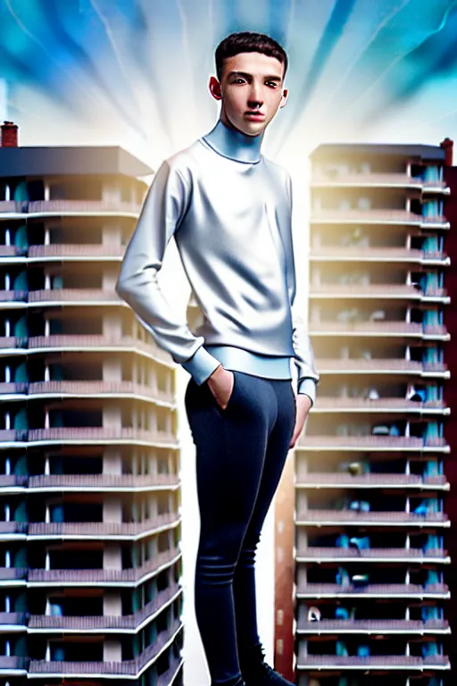 Image similar to un ultra high definition studio quality photographic art portrait of a young man standing on the rooftop of a british apartment building wearing soft padded silver pearlescent clothing. three point light. extremely detailed. golden ratio, ray tracing, volumetric light, shallow depth of field. set dressed.