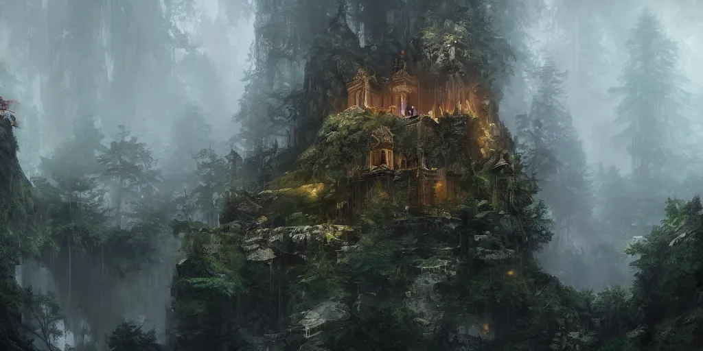 Image similar to a mystic temple on a mountain surrounded by a forest, mysterious matte painting by ruan jia and craig mullins, trending on artstation