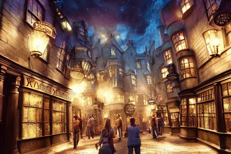 Prompt: the most amazing dream you ever had about diagon alley, hyper realistic, ambient lighting, concept art, intricate, hyper detailed, smooth, volumetric lighting, octane