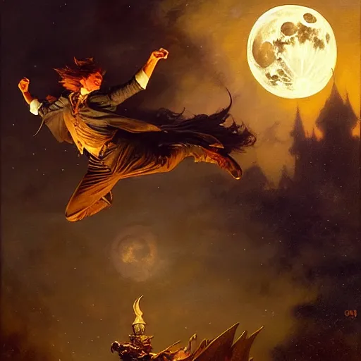 Prompt: attractive male witch magically flying trough the night, fantasy, full moon in background. highly detailed painting by gaston bussiere, craig mullins, j. c. leyendecker 8 k