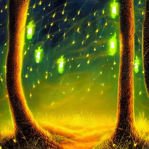 Image similar to landscape of beautiful magical indigo trees with fireflies, detailed luminescent magical realism painting 4 k