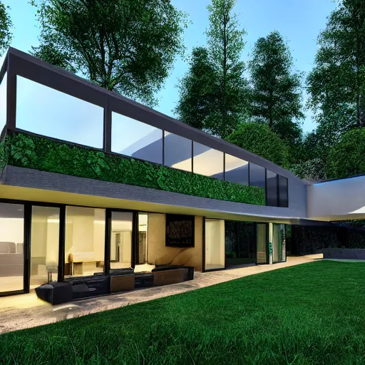 Image similar to contemporary house in the forest, lights inside, foliage, square pool, textures, detailed, big tree realistic
