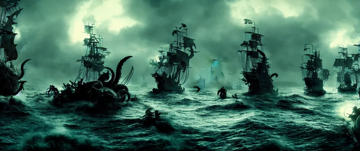 Image similar to pirates fighting kraken, cinematic atmosphere, maximized, high detail, 8k, ornate, dark fantasy, masterpiece, complex, film still from the movie directed by Denis Villeneuve