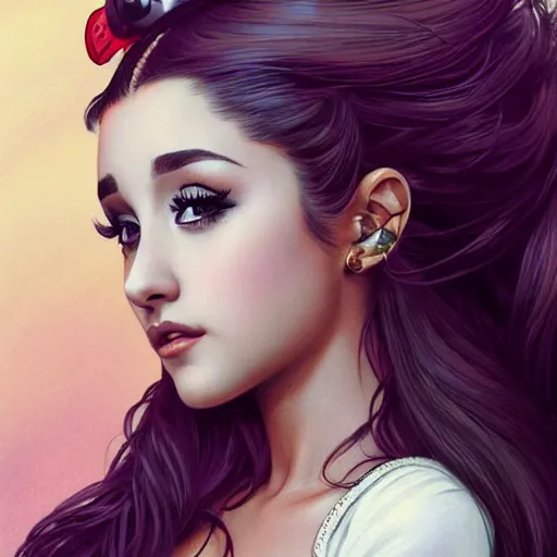 Image similar to Ariana Grande with a mustache, intricate, elegant, highly detailed, centered, digital painting, artstation, concept art, smooth, sharp focus, illustration, art by artgerm and H R Giger and alphonse mucha