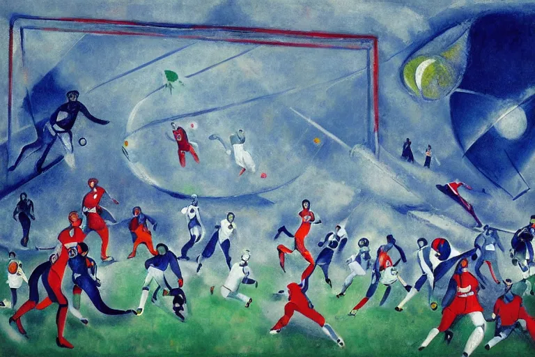 Prompt: ! dream a futuristic football game, painting by chagall, trending on artstation