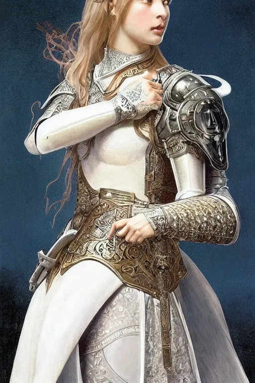 Image similar to beautiful luxury and holy and victorian and divine young northern europe female medieval white armor knight portrait like lisa blackpink+shinny eyes+front face with light flowing hair, ultradetail face, ruined gothic cathedral, art and illustration by tian zi and craig mullins and WLOP and alphonse mucha, ssci-fi, fantasy, intricate complexity, human structure, hypermaximalist, fantasy character concept, dynamic lighting, neon light, watermark, blurry, hyperrealism 8k