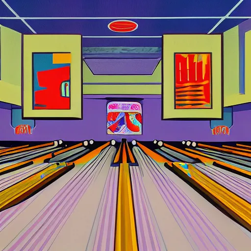 Prompt: a bowling alley in the style of howard arkley