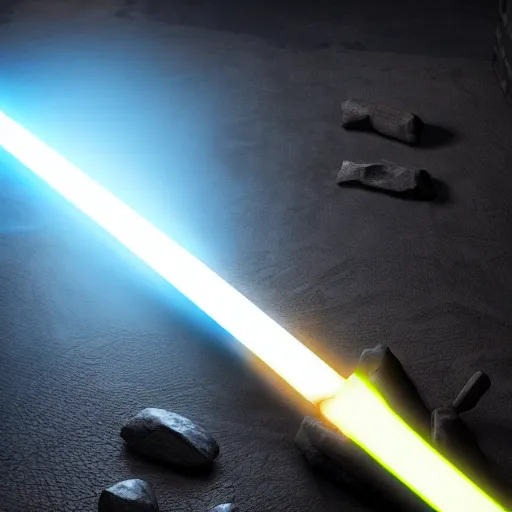 Prompt: ultra - detailed cinematic render, of a lightsaber hilt, lying on a stone, lit up in a dark room, octane render, high quality, digital art, 8 k, jedi fallen order ligthsaber, volumetric lighting