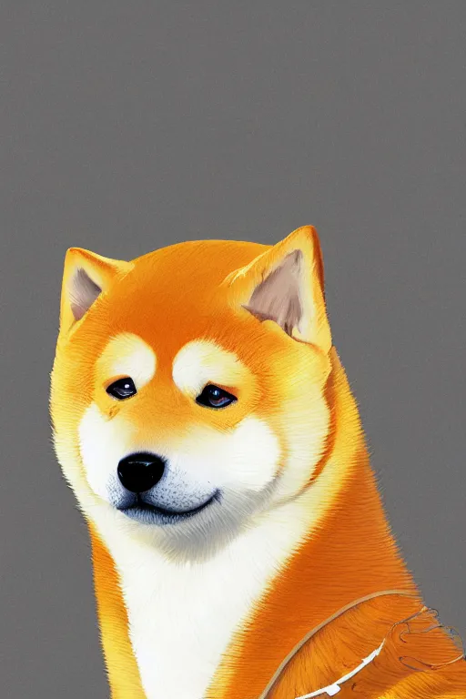 Prompt: portrait of fat shiba inu, fursona, anthro, male, bushy yellow eyebrows, detailed golden tan fur, anime key visual, concept art, digital painting, makoto shinkai