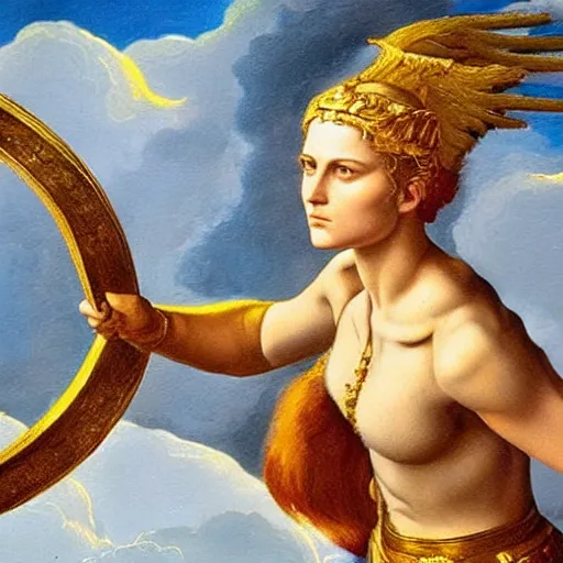 Image similar to very detailed painting of a cinematic still of a powerful beautiful valkyrie, holding a golden sword in her hand, dramatic clouds, painted by michelangelo, the painting is considered the most beautiful in the world