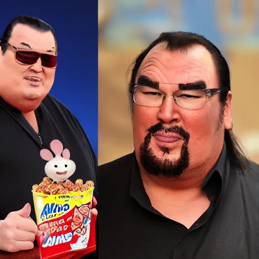 Image similar to obese steven seagal as sponsor of a sugary cereal called aikidos with cartoon rat mascot