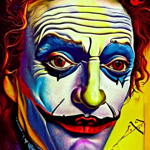 Prompt: an extremely psychedelic portrait of salvador dali as the joker, lsd, face, detailed, intricate, elegant, lithe, highly detailed, digital oth, sharp focus, illustration,