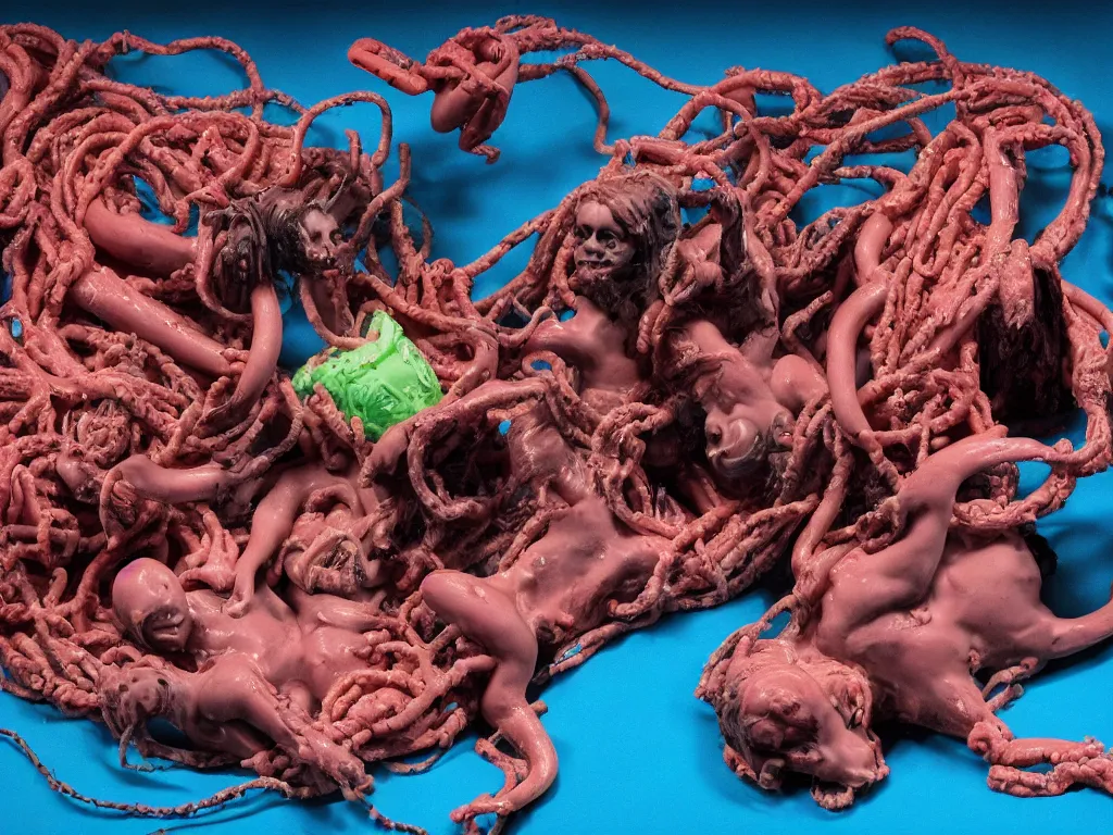 Image similar to the raft of the medusa as an animatronic schlock body horror film, play-doh, neon lights, rubber latex, fleshy, Cronenberg, Rick Baker, dramatic film still, daylight, photo real, extremely detailed, wet, slimy, wide angle, rule of thirds, 28mm, 1984, vivid colors, Eastman EXR 50D 5245/7245