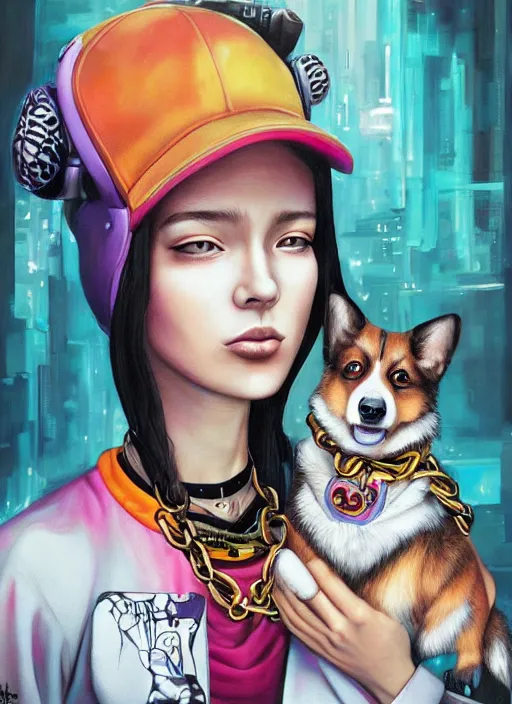 Prompt: beautiful portrait painting of an attractive hiphop graffiti cyberpunk princess girl and her corgi, by Afarin Sajedi, Alessandro Barbucci, Alex Gross, Shin Jeongho, Shohei Otomo. trending on Artstation, 8k, masterpiece, face enhance, graffiti paint, fine detail, full of color, intricate detail, golden ratio illustration