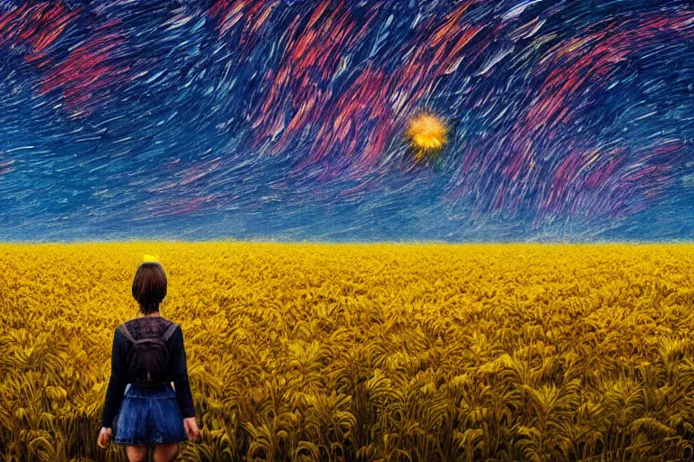 Image similar to huge sunflower head, girl walking in wheat field, hills, surreal photography, dark night, star trails, dramatic light, impressionist painting, clouds, digital painting, artstation, simon stalenhag