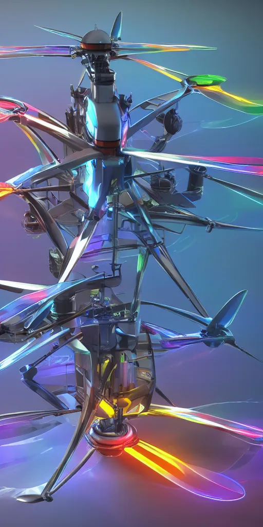 Image similar to futuristic multi rotor helicopter with plasma engine, 4 k, hyper realistic, coherent design, symmetrical, vivid colour, complementary colour, golden ratio, detailed, sharp lines, intricate, rainbow shift, in unreal 3 d engine, ray tracing, octane render