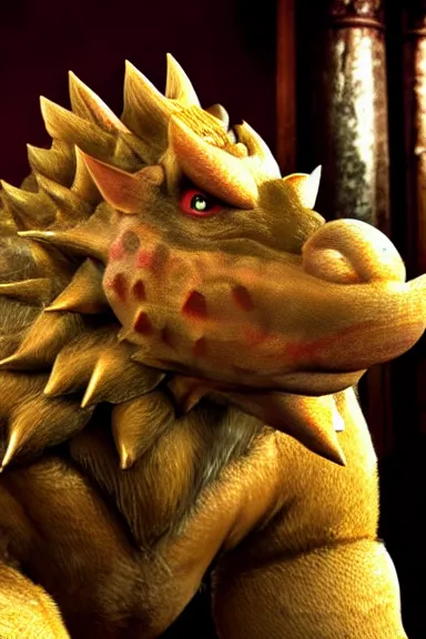 Image similar to very very intricate photorealistic photo of bowser in an episode of game of thrones, photo is in focus with detailed atmospheric lighting, award - winning details