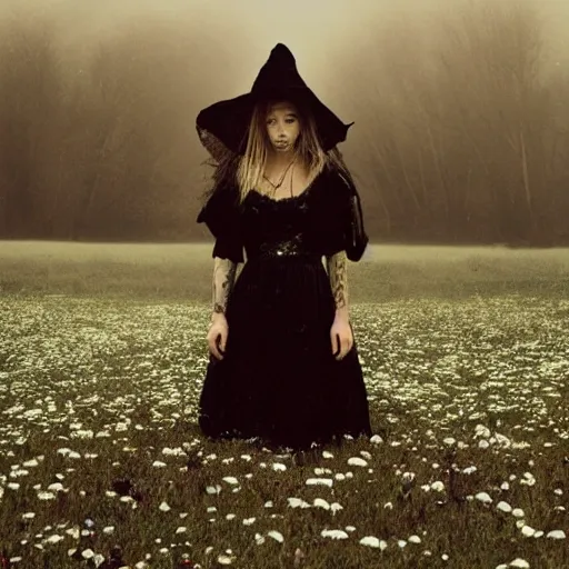 Prompt: a witch in the middle of a gloomy foggy field of wilted flowers. grungy edgy album cover art. 2000s alternative rock