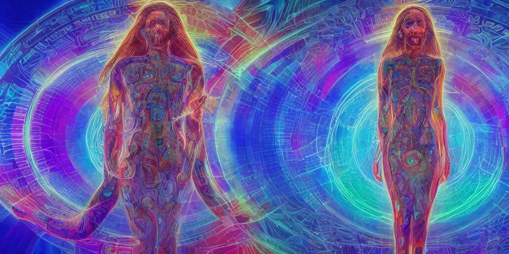 Image similar to transcendence into collaborative intelligence, endless collaboration with ai, connectedness, body, by alex grey, album cover, award winning, beautiful, colorful, volumetric lighting, trending on artstation, cinematic
