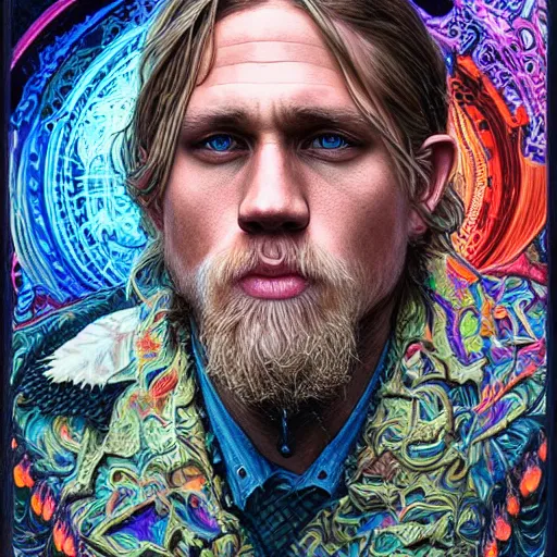 Image similar to portrait of charlie hunnam, hyper detailed masterpiece, neon floral pattern, jean giraud, digital art painting, darkwave goth aesthetic, psychedelic, artgerm, donato giancola and tom bagshaw