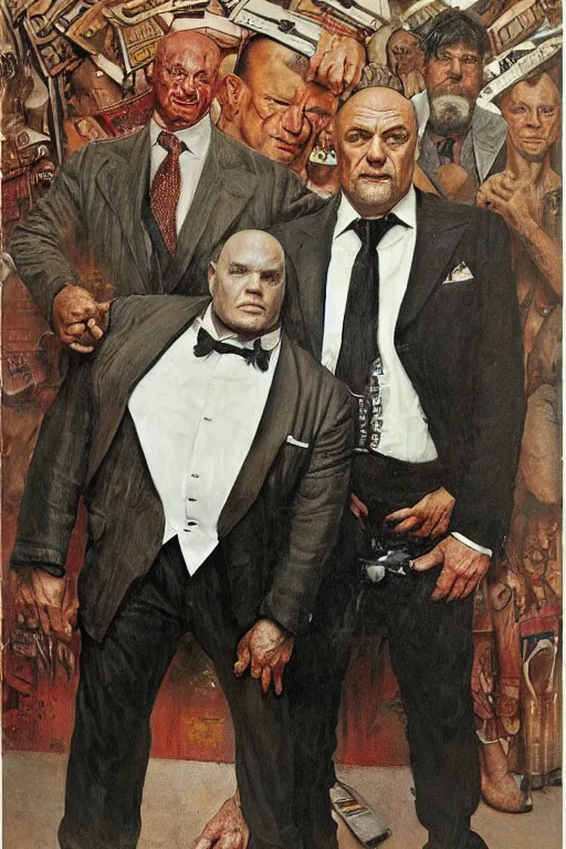 Image similar to full length portrait of morgan aste as a huge gangster wearing a white suit and spats standing beside much smaller robert deniro wearing shirt and pants, cafe in background, by lawrence alma tadema and zdzislaw beksinski and norman rockwell and jack kirby and tom lovell and greg staples