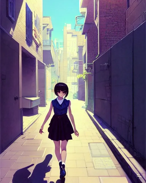 Prompt: cute girl in vest, walking in an alley. | very very anime!!!, fine - face, audrey plaza, realistic shaded perfect face, fine details. anime. realistic shaded lighting poster by ilya kuvshinov katsuhiro otomo ghost, magali villeneuve, artgerm, jeremy lipkin and michael garmash and rob rey