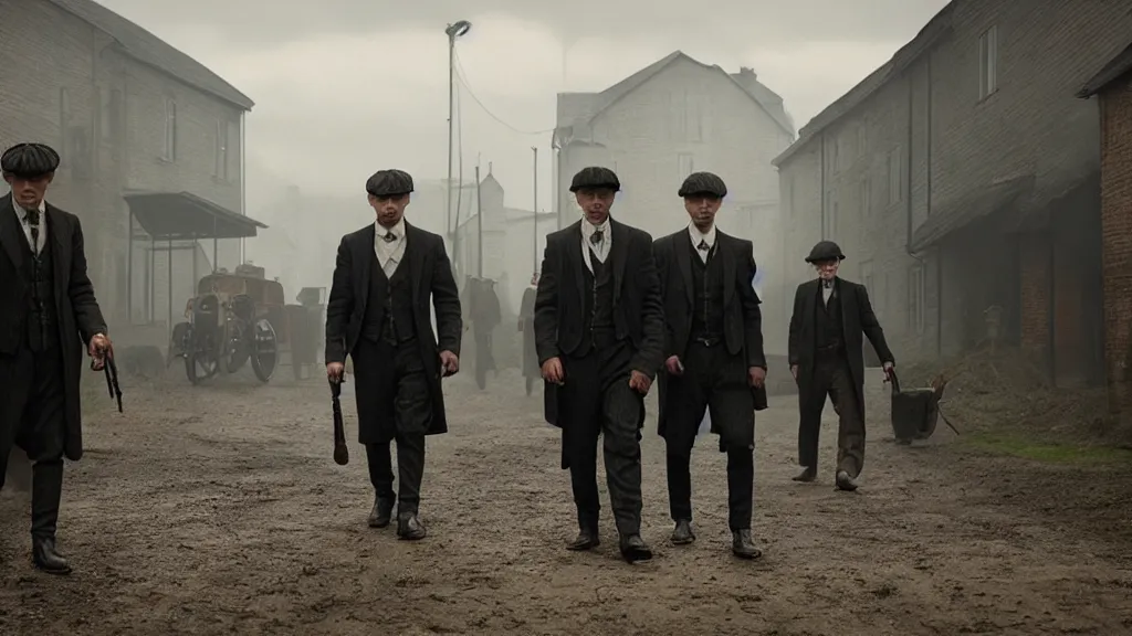 Image similar to the peaky blinders with shrimp heads, film still from the movie directed by denis villeneuve with art direction by zdzis