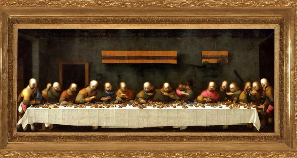 Image similar to us army soldiers sitting at a long rectangle dining table, old painting, intricate, 8 k, us soldiers in uniform eating dinner, dinner table, dining room, renaissance, leonardo da vinci