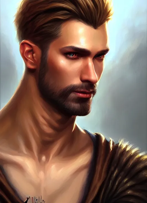 Image similar to a _ fantasy _ style _ portrait _ painting _ of male, medium dark blonde hair side part and blonde stubble, rpg dnd oil _ painting _ unreal _ 5 _ daz. _ rpg _ portrait _ extremely _ detailed _ artgerm _ greg _ rutkowski _ greg